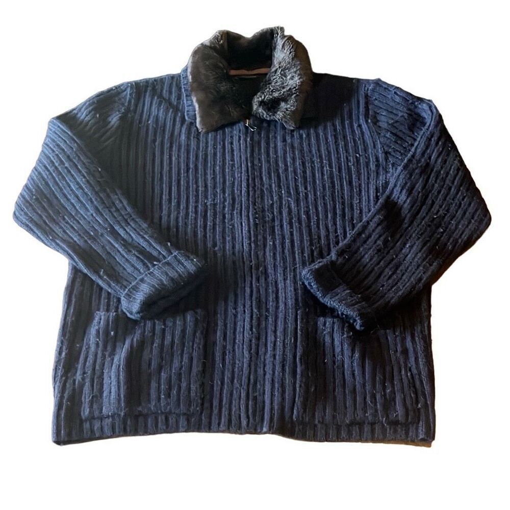 Roberto Collina Large Navy Rib Knit‎ Zip Up Sweater Removable Fur Collar Grandma